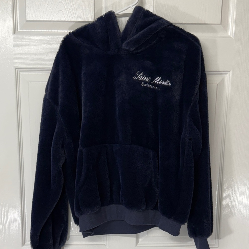 Saint Moritz Switzerland Plush Navy Hoodie Cozy Pullover Size XL